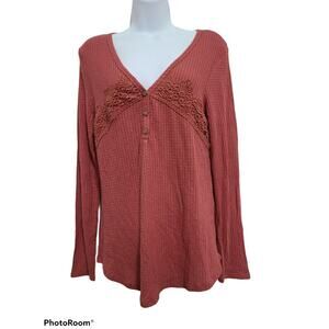 Boot Barn Moa Moa Waffle Knit Long Sleeve V-Neck Embroidered Top Sz M